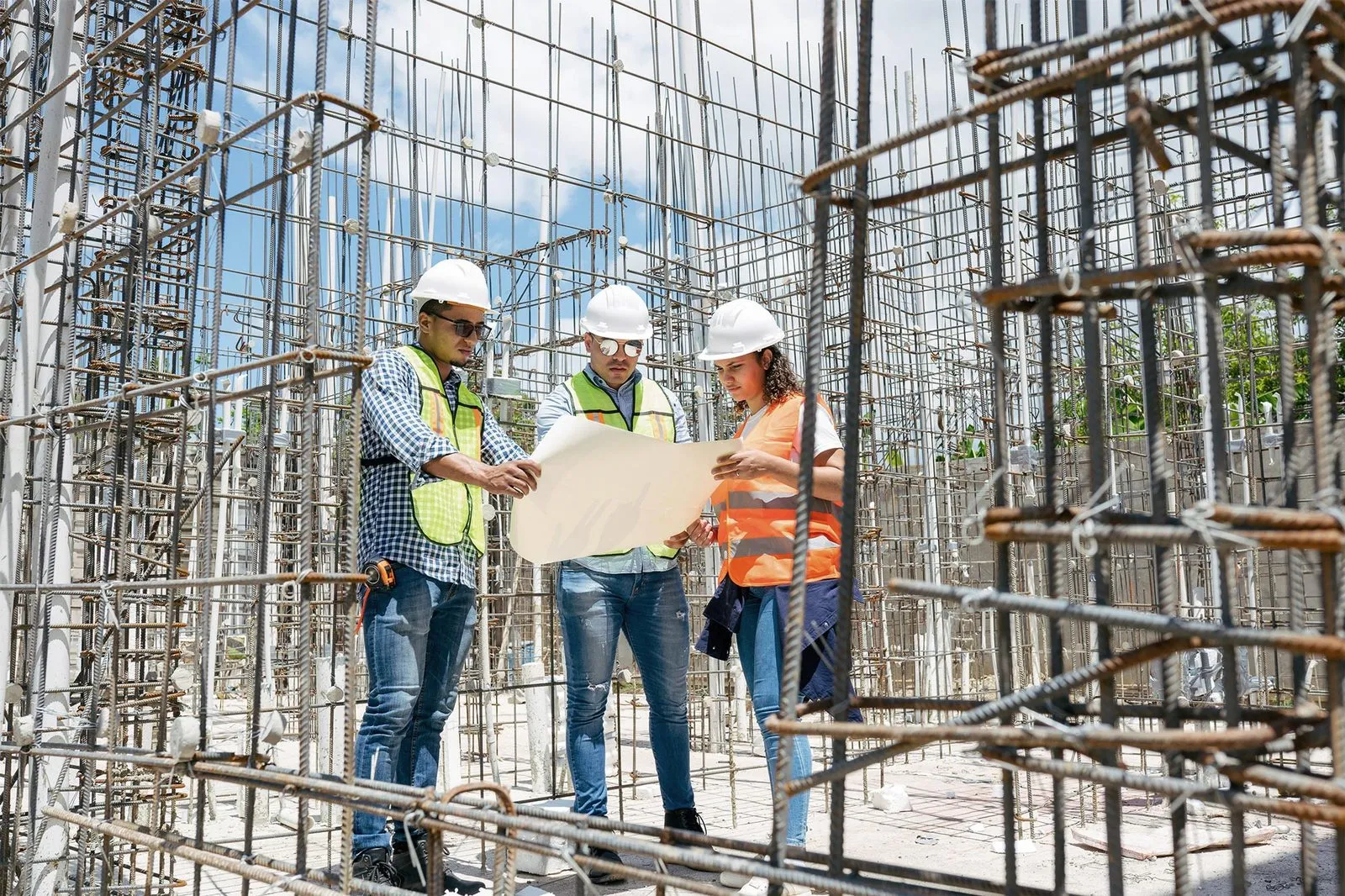 Workers reviewing plans on a construction site